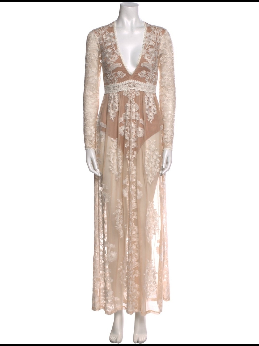 For Love & Lemons Temecula Sheer Embroidered Maxi Gown in Blush-Cream